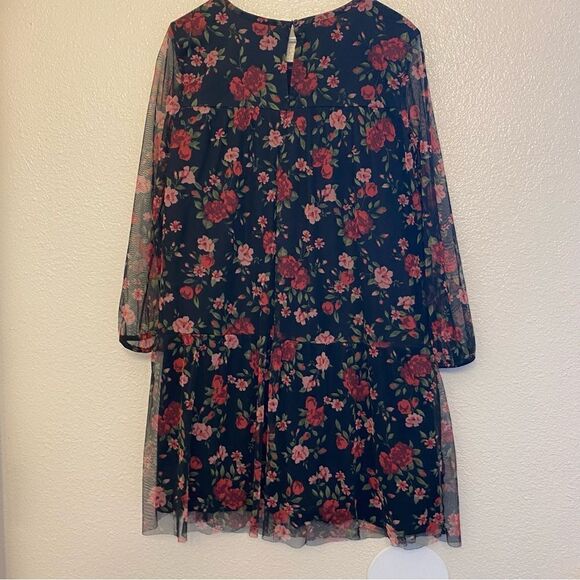 Old Navy long Sleeve stretch soft mesh Tiered Tulle Dress black floral L 10-12 - Picture 2 of 9